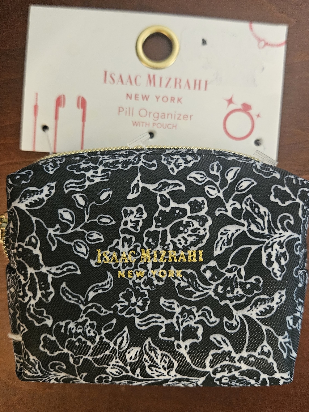 Isaac Mizrahi Black and White Floral Pill Organizer Pouch with Gold Logo